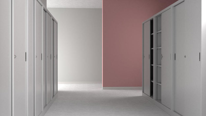 Armadio archivio ufficio ad ante scorrevoli in legno verniciato cm. 150x45x69h