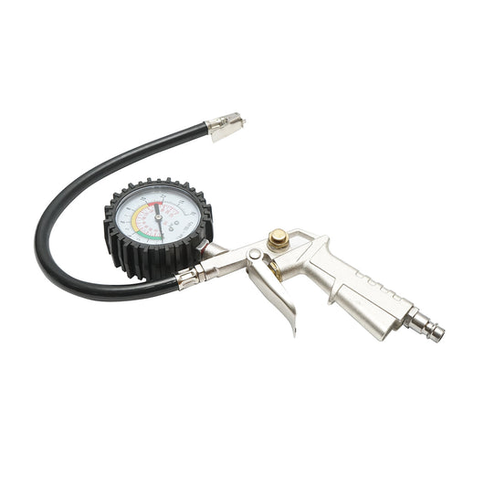 Pistola per gonfiaggio pneumatici con tubo flessibile e manometro meccanico con protezione in gomma