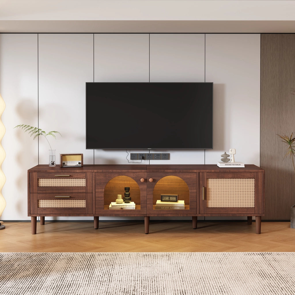 Mobile TV con 3 Ante; 2 Cassetti in Rattan e LED; Ante in Vetro; Stile Naturale; 180¡Á40¡Á50 cm; in Truciolare; Marrone