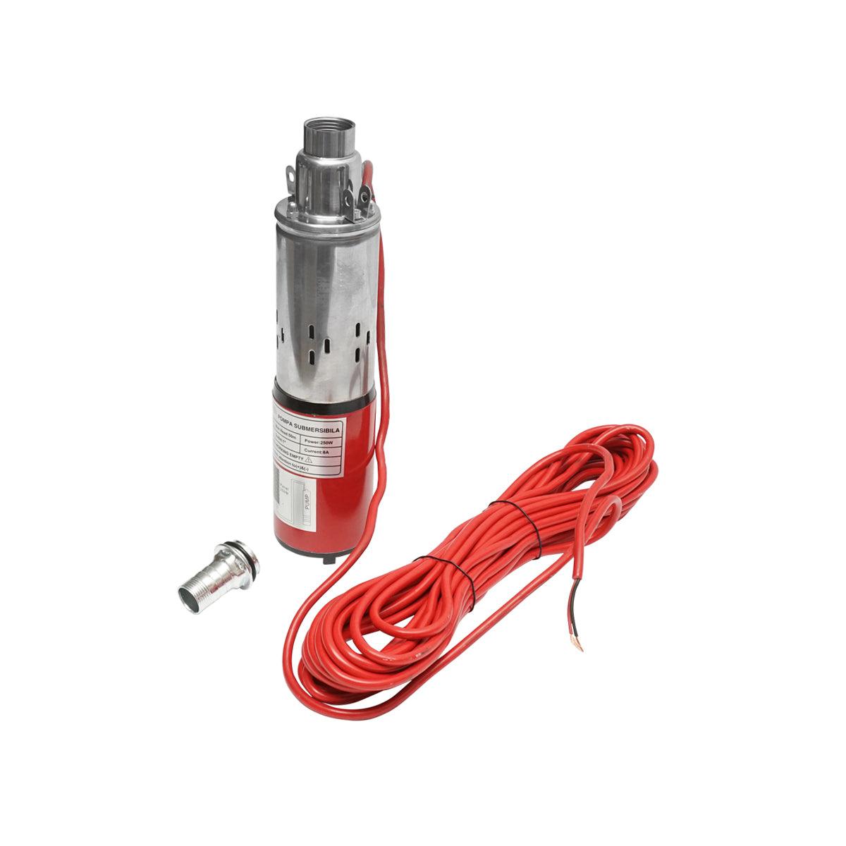 Pompa d’acqua sommersa per pannello solare 24V/250W, 50m Altezza Max, 1.5m3/h, 25L/min, Tubo 25mm, 350x80mm