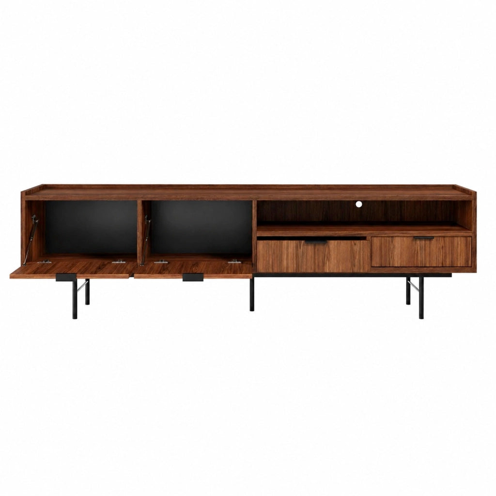 Mobile Porta TV Moderno Per Salotto Zona Living Soggiorno Con 2 Ante A Ribalta 2 Cassetti Vano A Giorno Passacavo Struttura In Melaminico Design Contemporaneo 200 X 40 X 55 Cm Noce