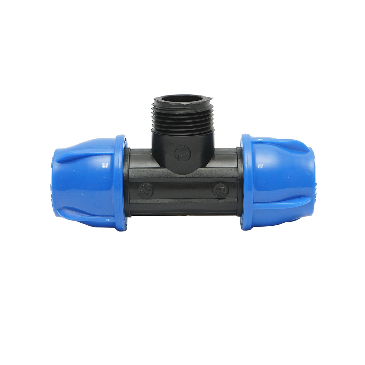 Quadrato a T di compressione con filettatura esterna maschio a 90 gradi D25x25mmx1, PN16 bar per sistemi di irrigazione.