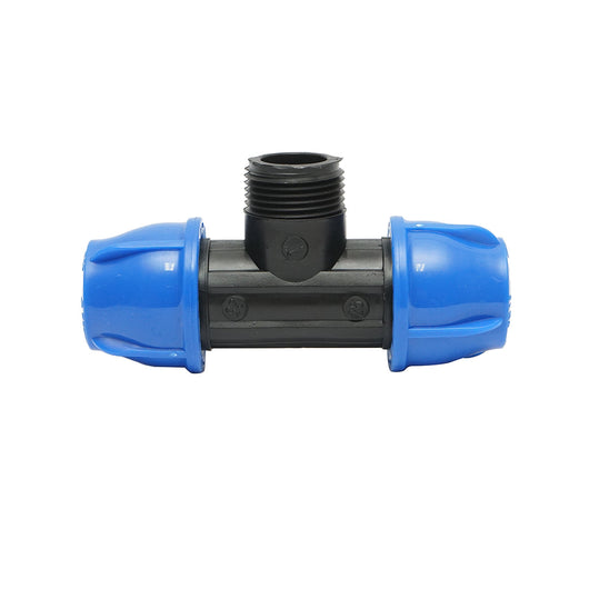 Quadrato a T di compressione con filettatura esterna maschio a 90 gradi D25x25mmx1, PN16 bar per sistemi di irrigazione.