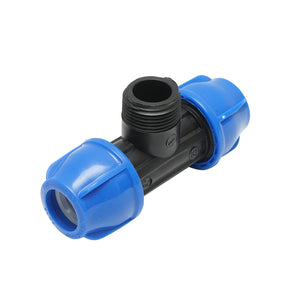 Quadrato a T di compressione con filettatura esterna maschio a 90 gradi D25x25mmx1, PN16 bar per sistemi di irrigazione.