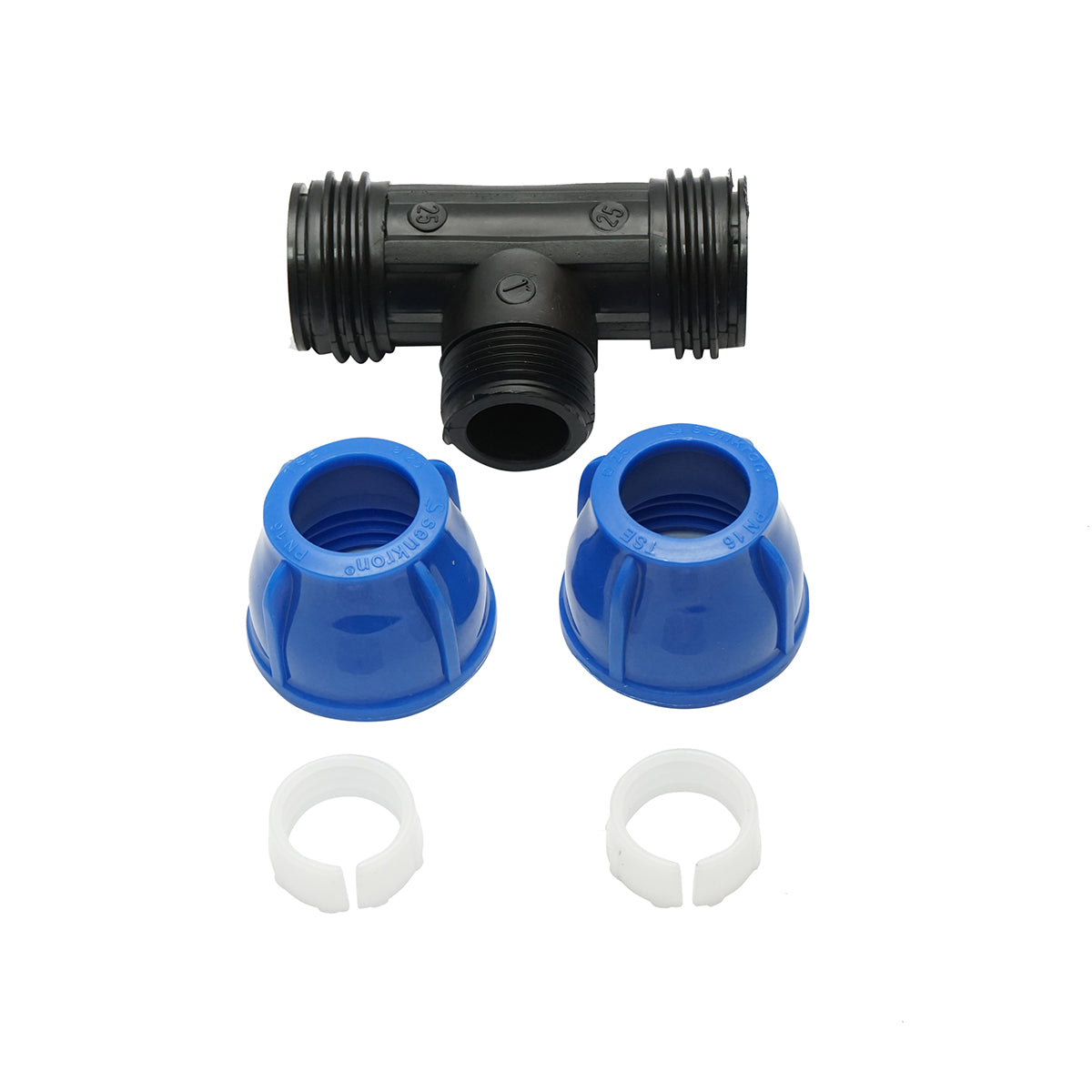 Quadrato a T di compressione con filettatura esterna maschio a 90 gradi D25x25mmx1, PN16 bar per sistemi di irrigazione.