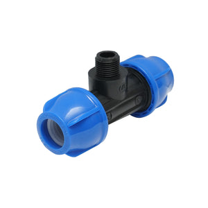 Quadrato a T di compressione con filettatura esterna maschio a 90 gradi D25x25mmx1/2, PN16 bar per sistemi di irrigazione.