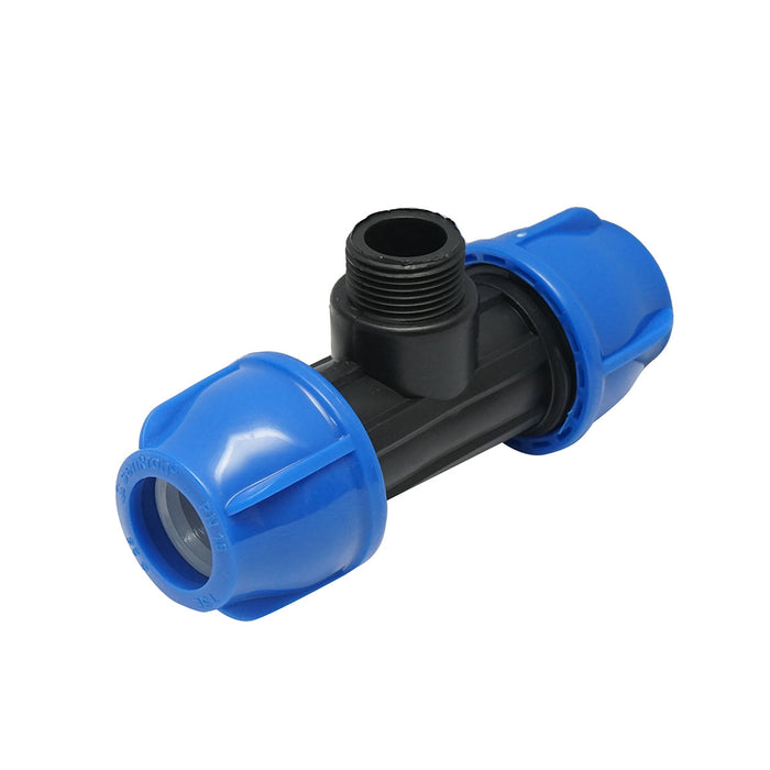 Quadrato a T di compressione con filettatura esterna maschio a 90 gradi D25x25mmx3/4, PN16 bar per sistemi di irrigazione