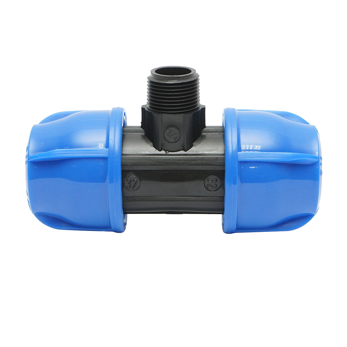 Quadrato a T di compressione con filettatura esterna maschio a 90 gradi D32x32mmx3/4, PN16 bar per sistemi di irrigazione.