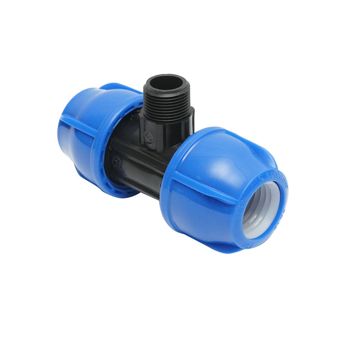 Quadrato a T di compressione con filettatura esterna maschio a 90 gradi D32x32mmx3/4, PN16 bar per sistemi di irrigazione.