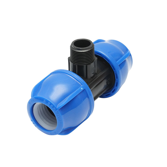 Quadrato a T di compressione con filettatura esterna maschio a 90 gradi D32x32mmx3/4, PN16 bar per sistemi di irrigazione.