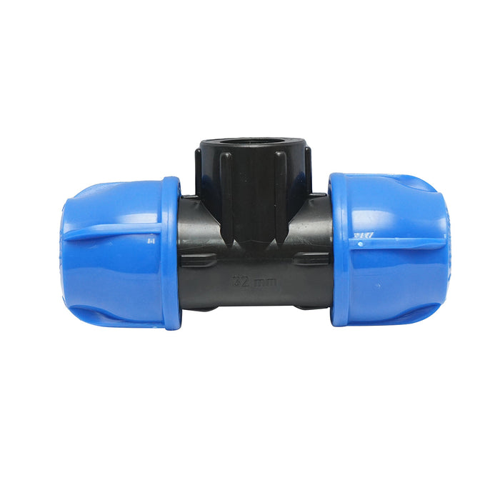 Quadrato a T di compressione con filettatura interna femmina a 90 gradi D32x32mmx3/4, PN16 bar per sistemi di irrigazione.