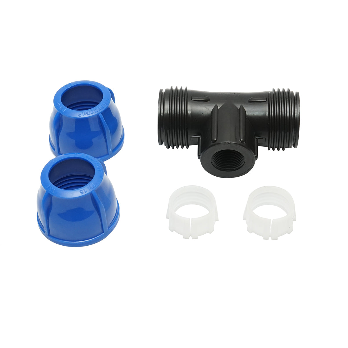 Quadrato a T di compressione con filettatura interna femmina a 90 gradi D32x32mmx3/4, PN16 bar per sistemi di irrigazione.