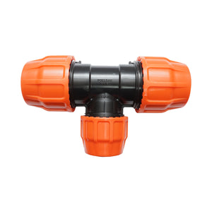 Quadrato a T Layflat con riduzione e olandese D75x50x75mm con filettatura interna, PN6 Poelsan