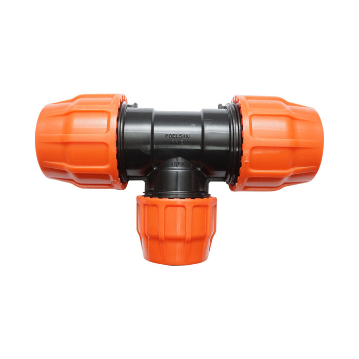 Quadrato a T Layflat con riduzione e olandese D75x50x75mm con filettatura interna, PN6 Poelsan