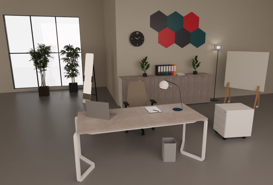 Arredo moderno operativo con scrivania, sedia, mobile basso per archivio documenti e cassettiera metallica