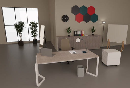 Arredo moderno operativo con scrivania, sedia, mobile basso per archivio documenti e cassettiera metallica