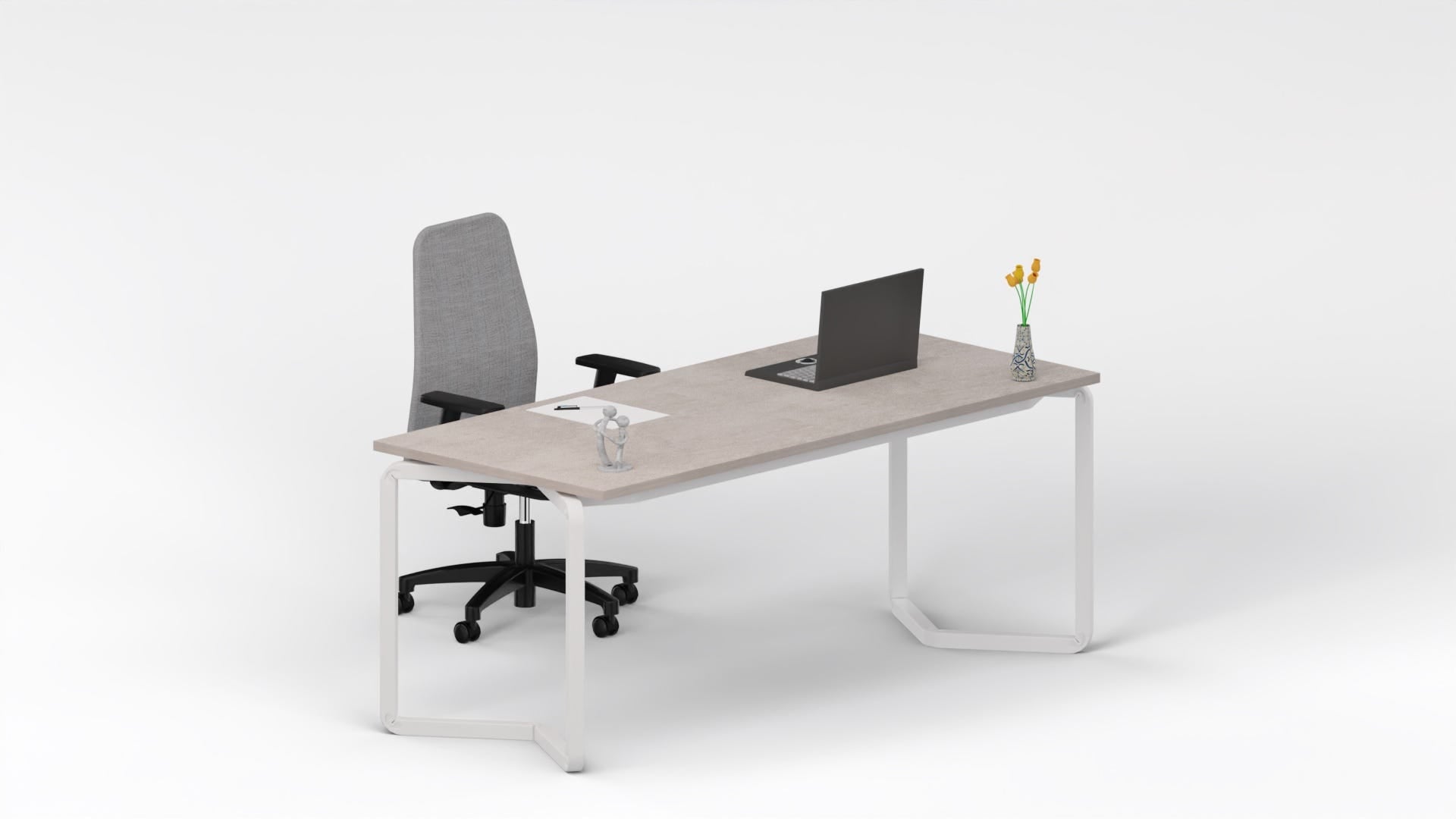 Arredo moderno operativo con scrivania, sedia, mobile basso per archivio documenti e cassettiera metallica