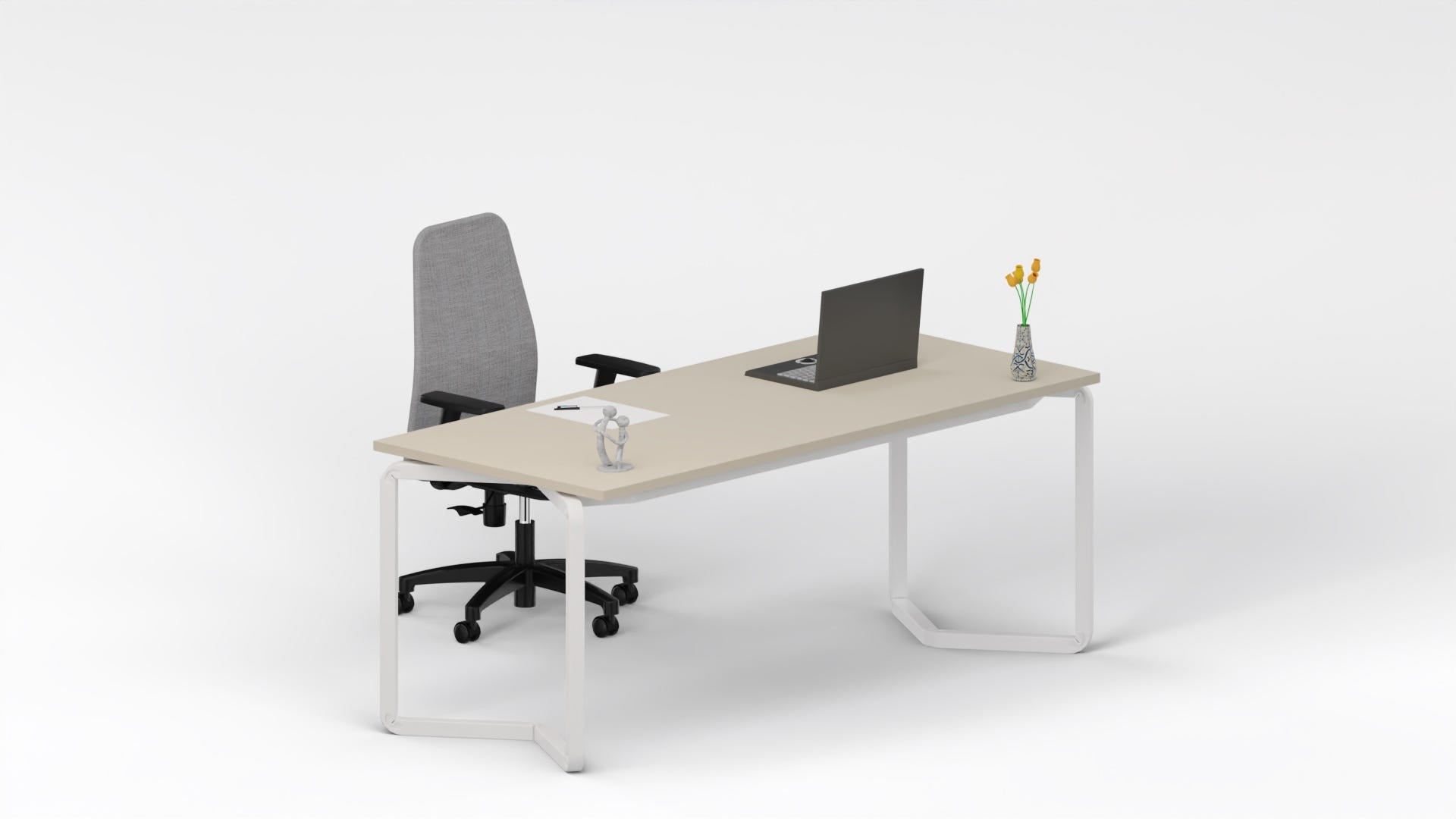 Arredo ufficio operativo moderno con scrivania con gambe metalliche, mobile con 2 ante e seduta con braccioli regolabili