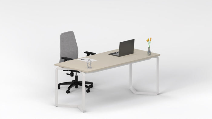 Arredo ufficio operativo moderno con scrivania con gambe metalliche, mobile con 2 ante e seduta con braccioli regolabili