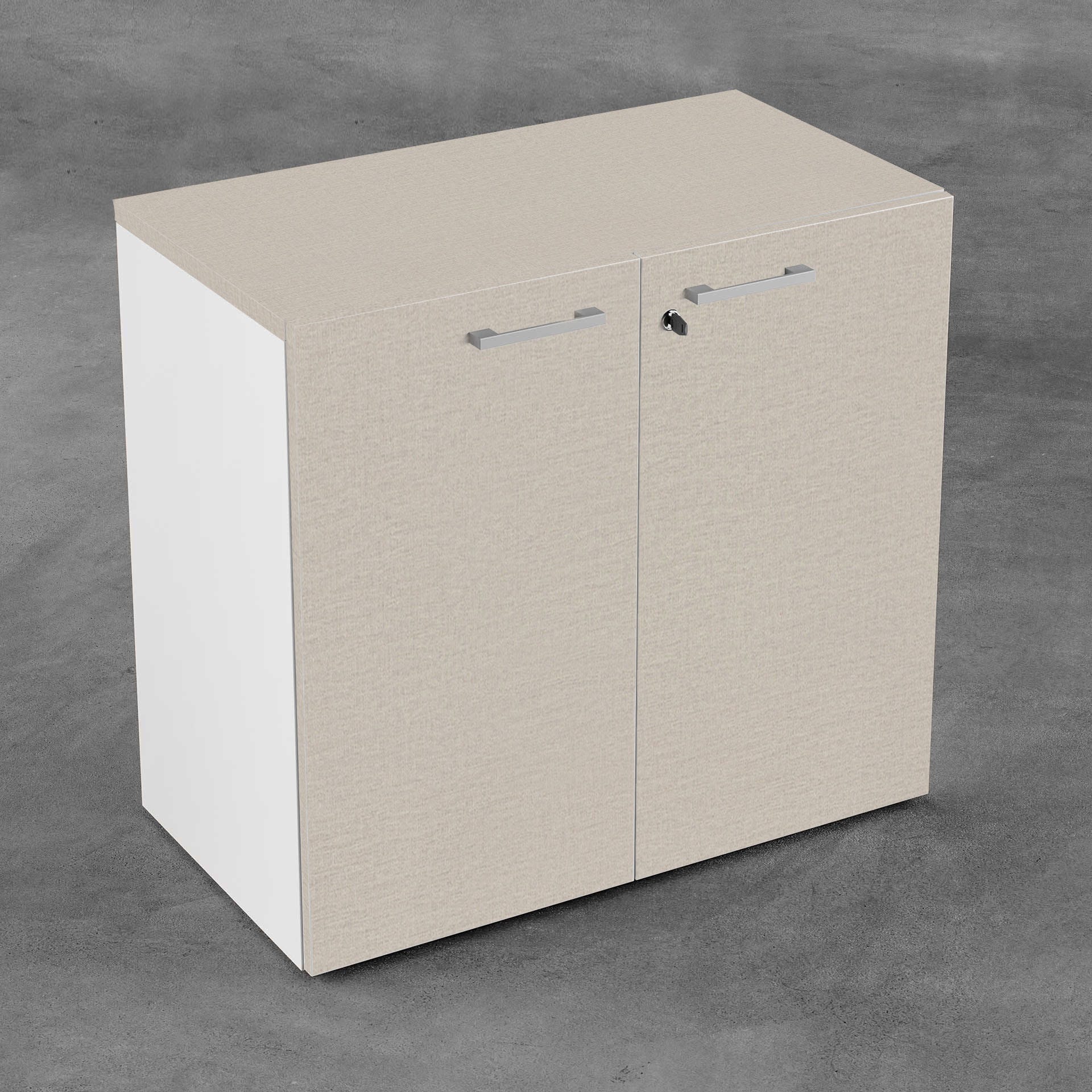 Arredo ufficio operativo moderno con scrivania con gambe metalliche, mobile con 2 ante e seduta con braccioli regolabili