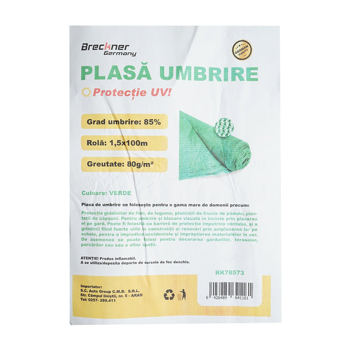 Rete ombreggiante 85% larghezza 1.5M e lunghezza 100M verde in polietilene con protezione UV.
