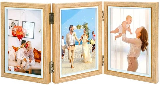 Supporto per foto triplo pieghevole in legno/vetro, adatto per 10x15 cm, per collage, realizzato con materiali MDF di alta qualità.