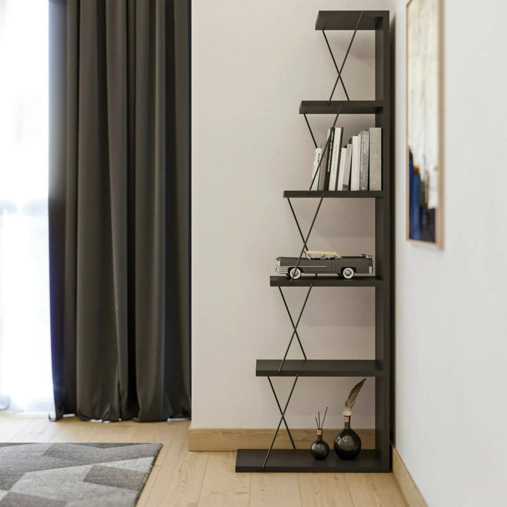 Libreria Erminia, Scaffale da ufficio, Mobile portalibri, Biblioteca, 50x22h150 cm, Antracite e Nero