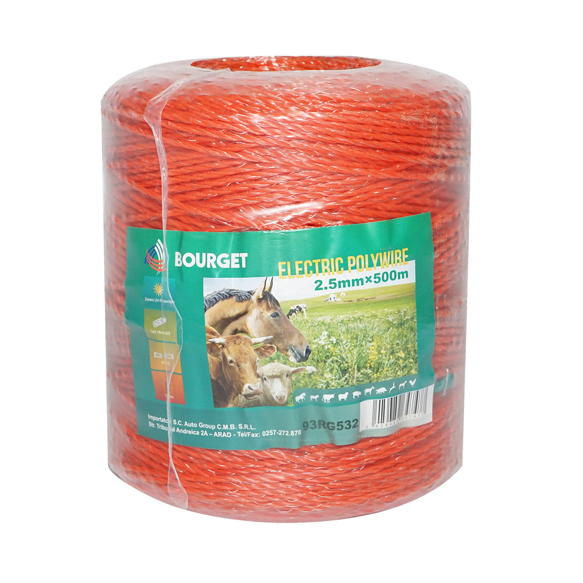 Rotolo di filo arancione, diametro 2.5 mm, 3x0.15 mm SS, 500 m per recinzione elettrica, resistenza 15 Ohm, Bourget.