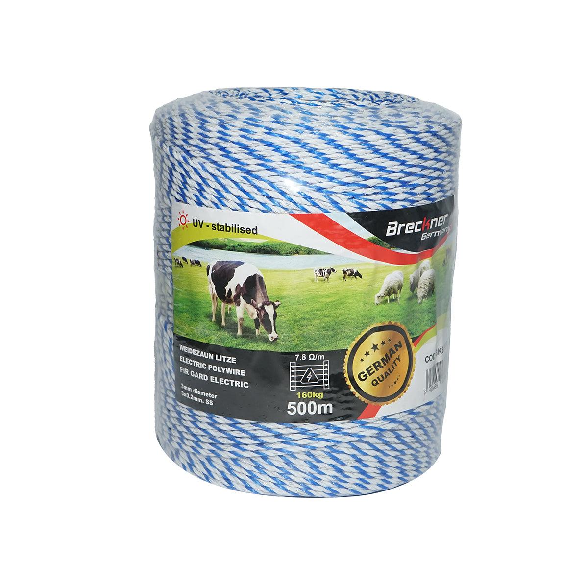 Rotolo di filo bianco-blu per recinto elettrico da 3 mm 3x0,2 mm SS, 7,8 Ohm / m, recinto elettrico Breckner da 500 m