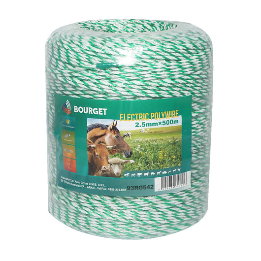 Rotolo di filo bianco-verde, diametro 2.5 mm, 4x0.2 mm SS, 500 m per recinzione elettrica, resistenza 7 Ohm, Bourget