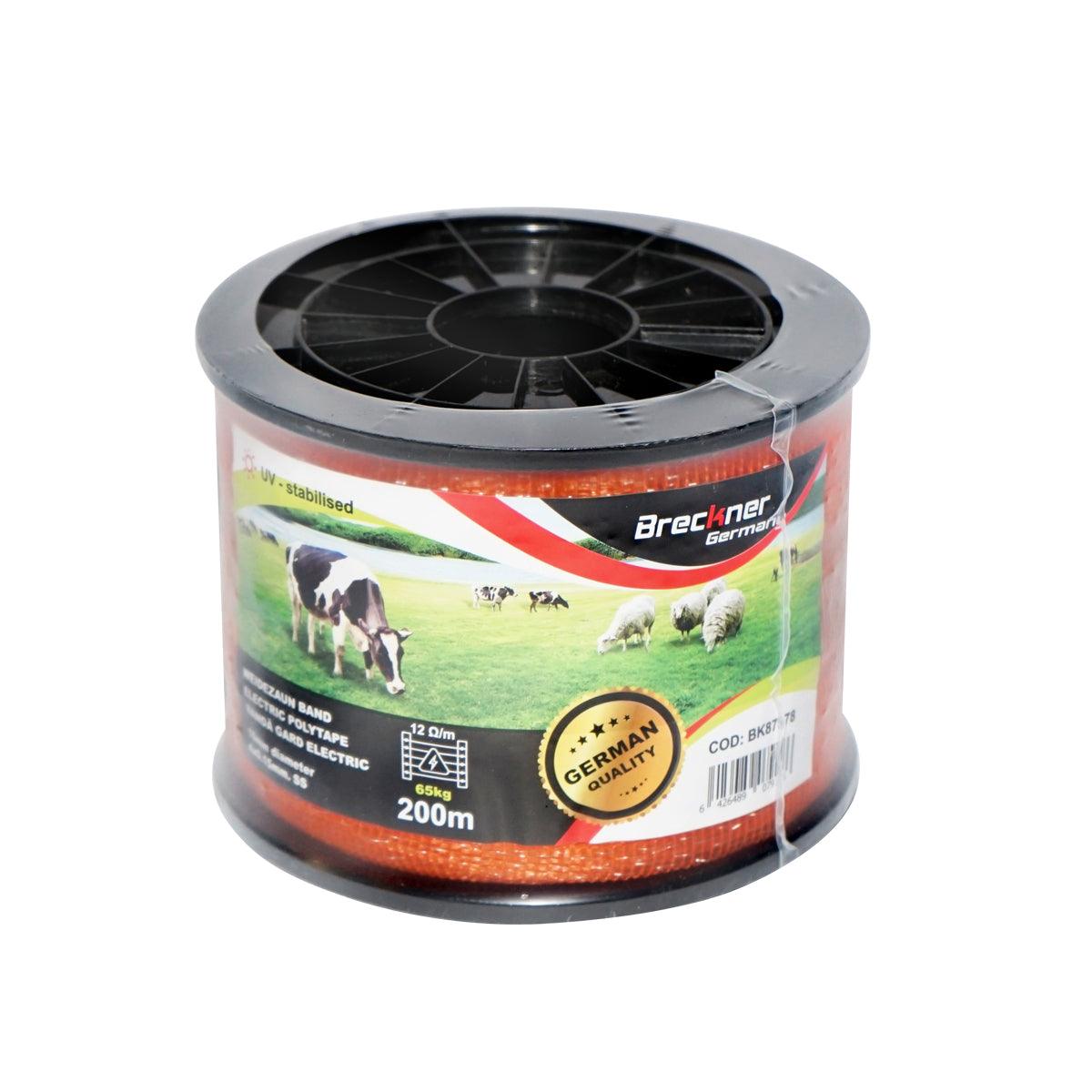 Rotolo di nastro arancione 10mm inserto metallico 4x0.15mm SS, resistenza 12 Ohm / m, recinto elettrico Breckner 200m