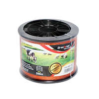 Rotolo di nastro arancione 10mm inserto metallico 4x0.15mm SS, resistenza 12 Ohm / m, recinto elettrico Breckner 200m