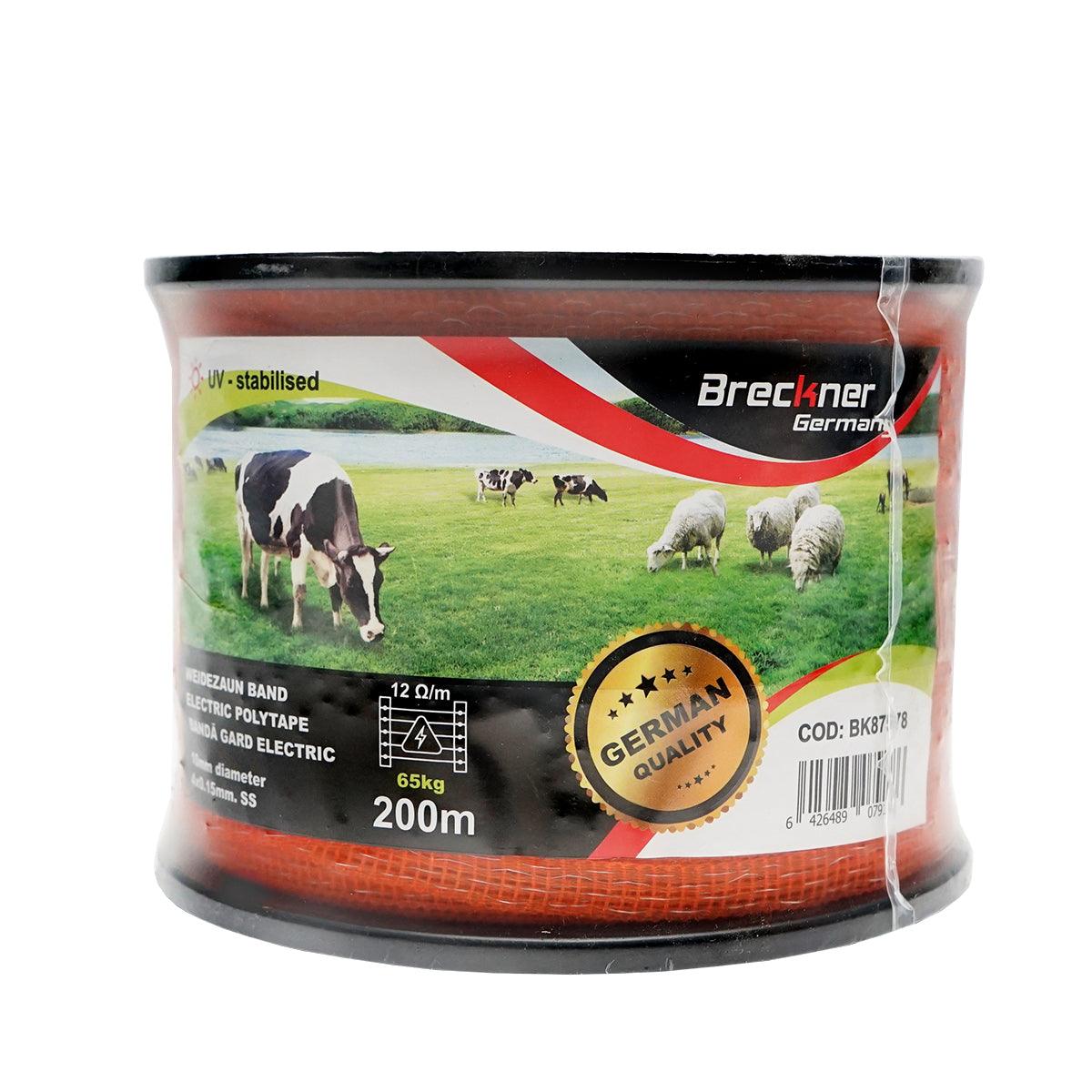 Rotolo di nastro arancione 10mm inserto metallico 4x0.15mm SS, resistenza 12 Ohm / m, recinto elettrico Breckner 200m