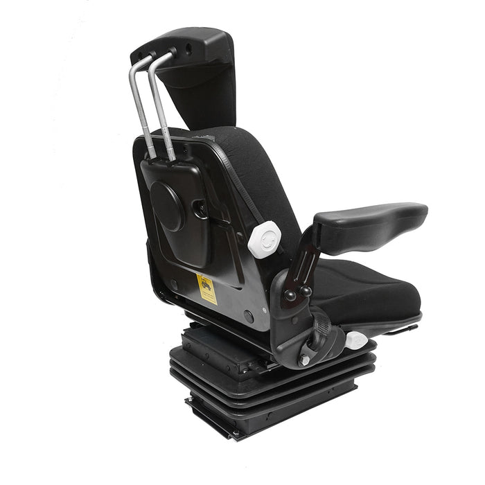 Sedile nero per trattore, regolabile con braccioli, poggiatesta, cintura di sicurezza e sospensione meccanica, larghezza seduta 455 mm