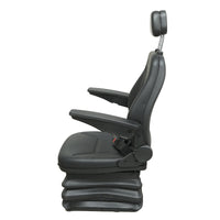 Sedile universale regolabile in altezza e peso 40-120 kg, con braccioli e schienale ribaltabile 50-90° per trattore, macchine agricole, industriali e carrelli elevatori