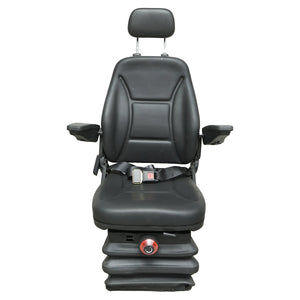 Sedile universale regolabile in altezza e peso 40-120 kg, con braccioli e schienale ribaltabile 50-90° per trattore, macchine agricole, industriali e carrelli elevatori