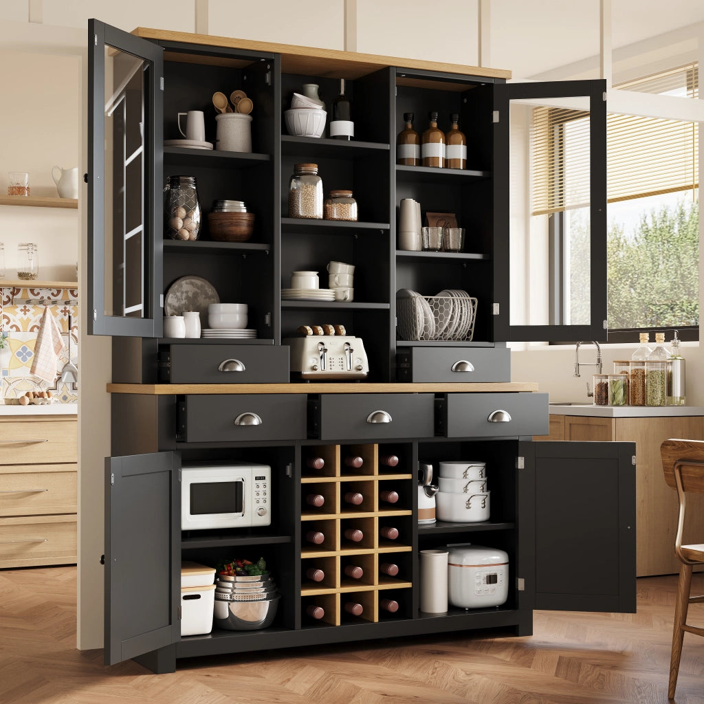 Credenza alta con vetrina 5 cassetti ripiano regolabile soft-close e portabottiglie estraibile per cucina e soggiorno