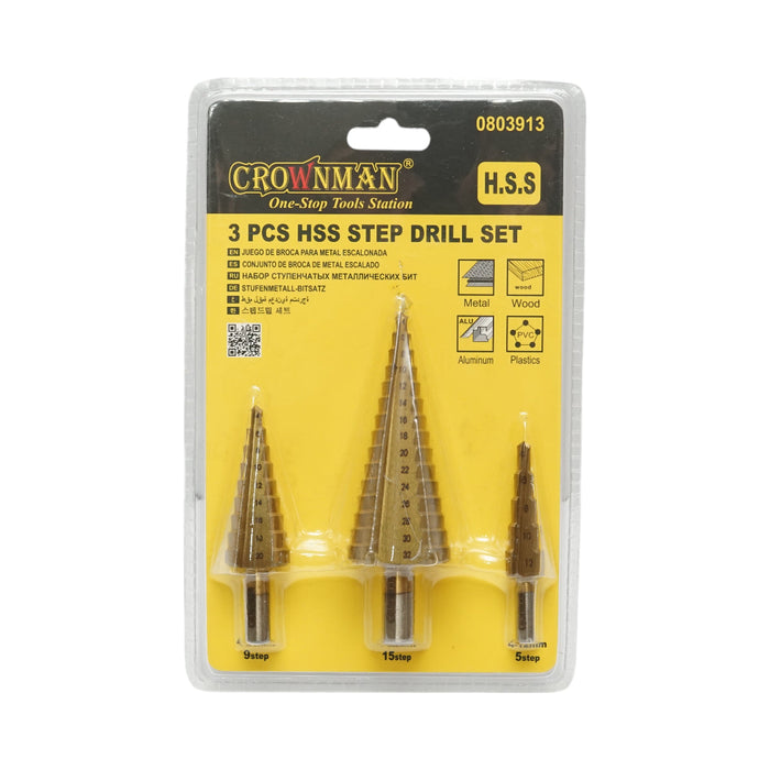 Set di 3 punte coniche da trapano a 5 stadi 4-12 mm, 9 stadi 4-20 mm, 15 stadi 4-35 mm in acciaio HSS 4241 per metallo, alluminio, legno Crownman
