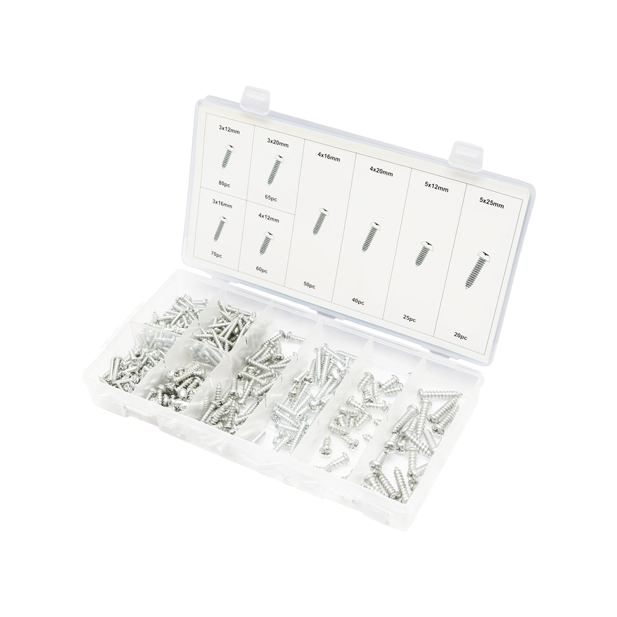 Set di 410 viti autofilettanti per lamiera con testa a croce.