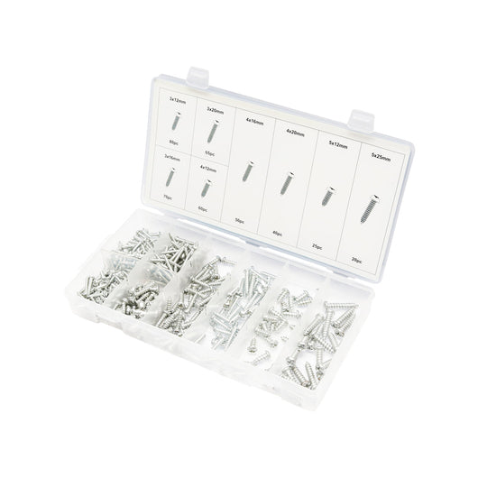 Set di 410 viti autofilettanti per lamiera con testa a croce.