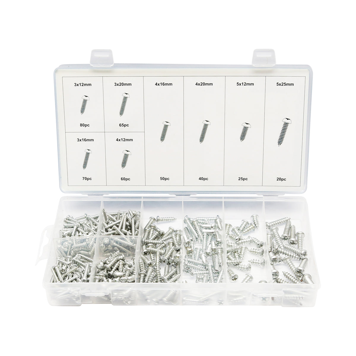 Set di 410 viti autofilettanti per lamiera con testa a croce.