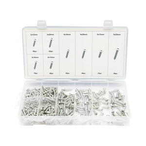 Set di 410 viti autofilettanti per lamiera con testa a croce.