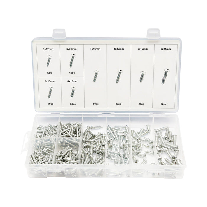 Set di 410 viti autofilettanti per lamiera con testa a croce.