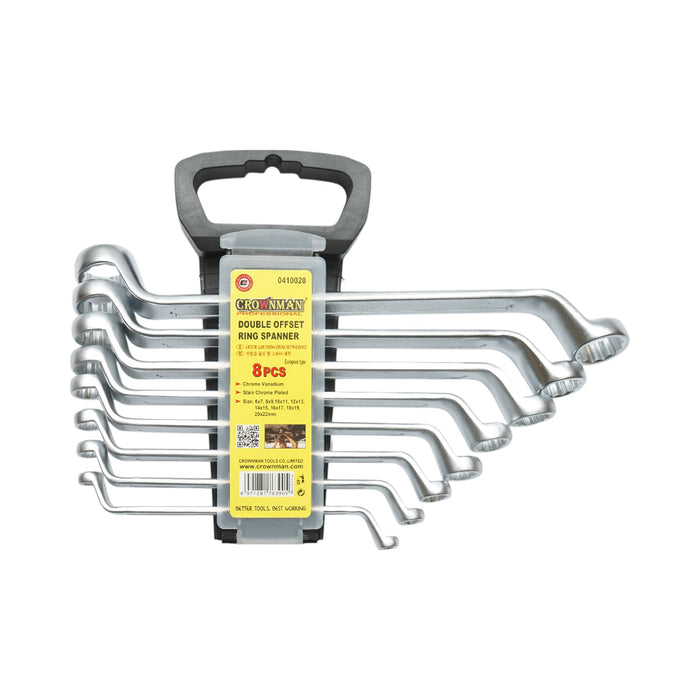 Set di 8 chiavi inelari piegate in supporto con clip, dimensioni 6-22mm, Cr-V Crownman