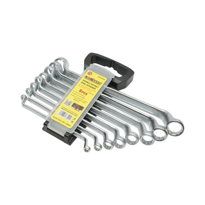 Set di 8 chiavi inelari piegate in supporto con clip, dimensioni 6-22mm, Cr-V Crownman