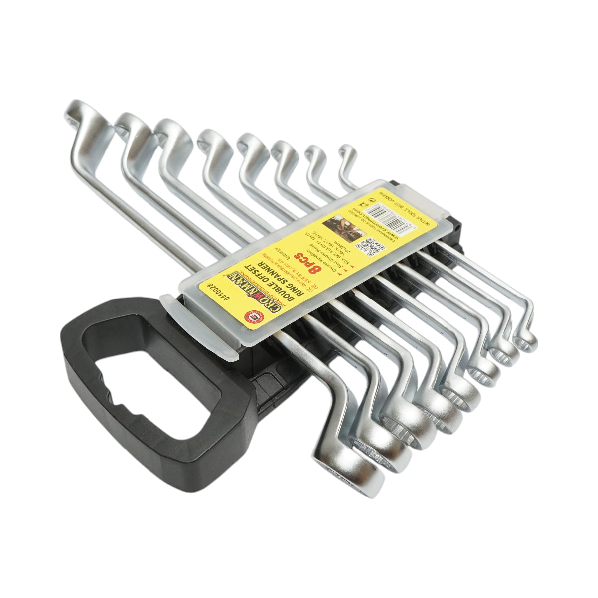 Set di 8 chiavi inelari piegate in supporto con clip, dimensioni 6-22mm, Cr-V Crownman