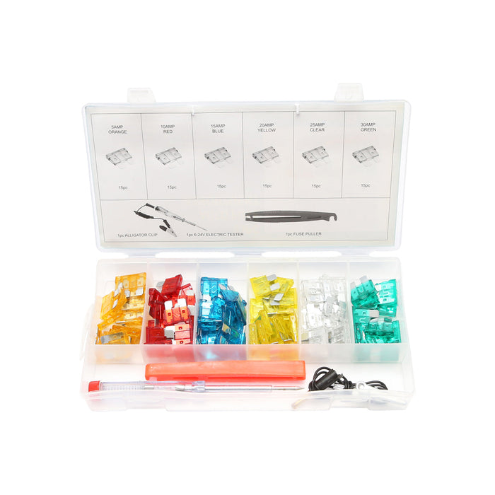 Set di 93 fusibili piatti per auto con tester di tensione 6-24V e pinza estraifusibili