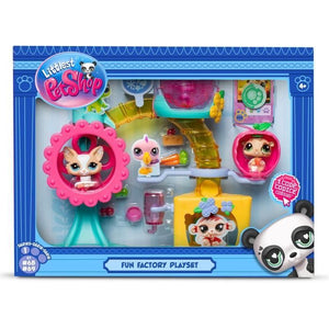 BANDAI - Littlest Pet Shop - Cofanetto Fun Factory - Playset con 2 animali, decorazioni e accessori - BF00519