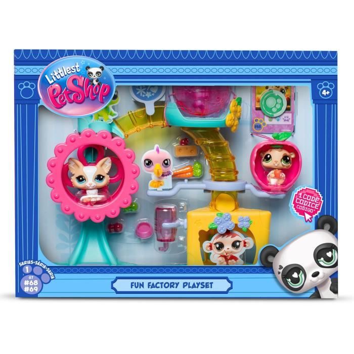 BANDAI - Littlest Pet Shop - Cofanetto Fun Factory - Playset con 2 animali, decorazioni e accessori - BF00519