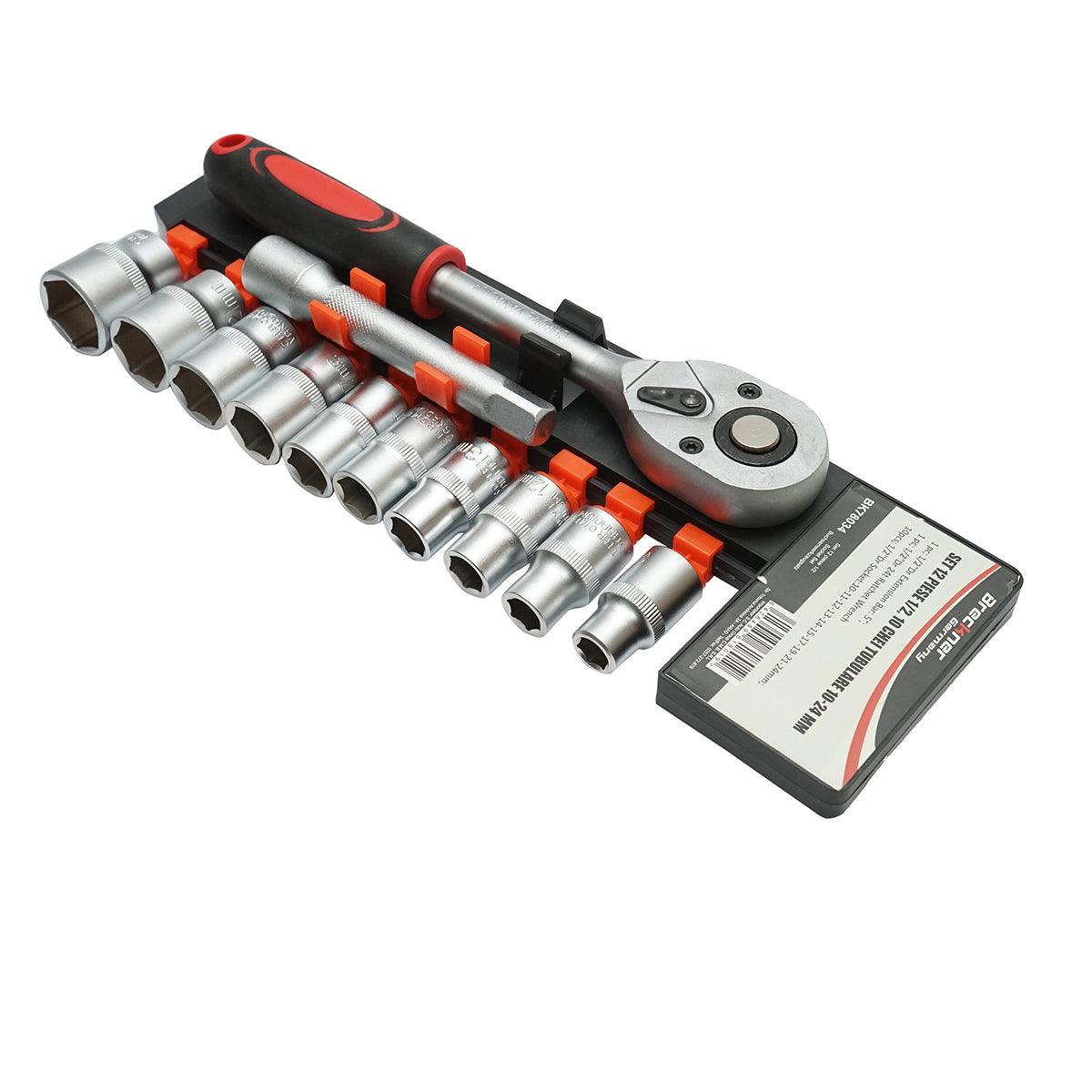 Set di chiavi a bussola con cricchetto da 1/2" Cr-V, bussole 10 pezzi, cricchetto, prolunga, Breckner Germany